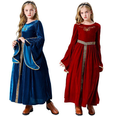 Carnival Costume Halloween Witch Cosplay Costume Girl's Royal Blue Medieval Renaissance Gothic Velvet Princess Dress