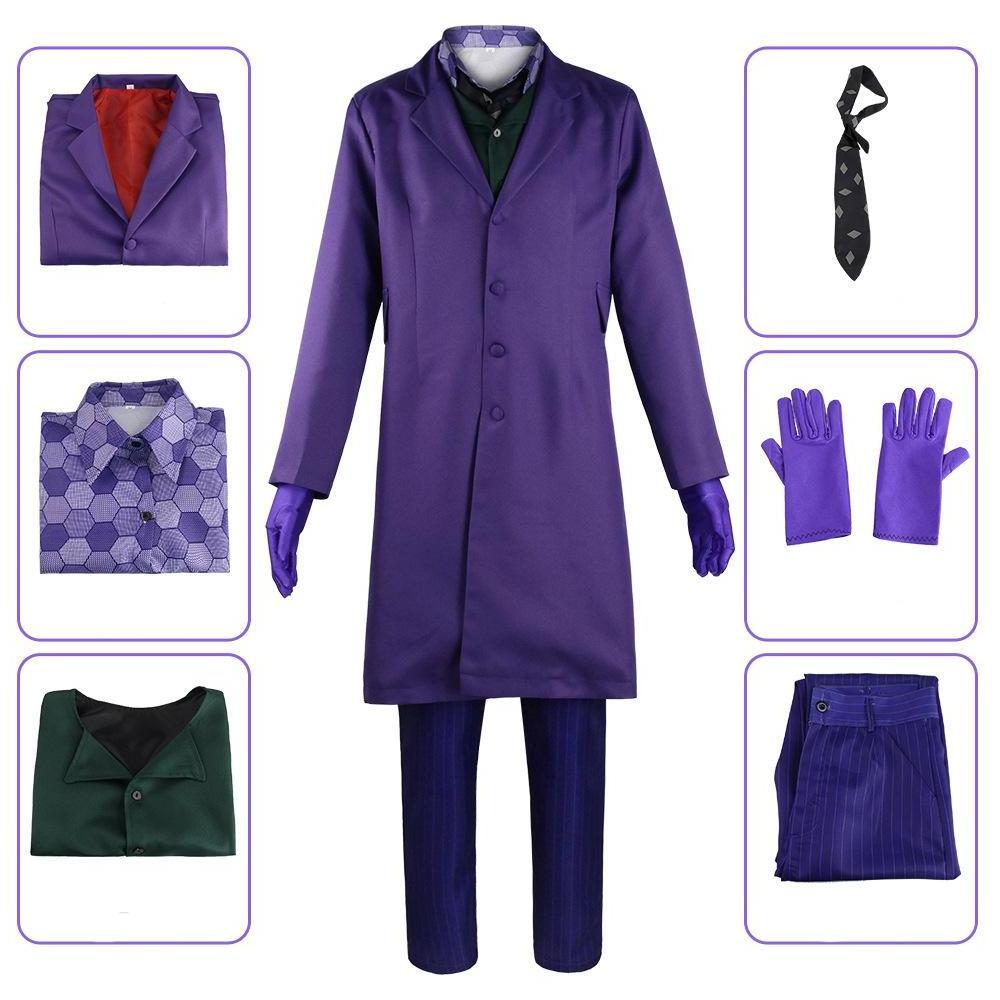 Man Trench Pants Clown Halloween Outfit Cosplay Purple Overcoat Trousers Uniform Full Set The Dark Knight Costume