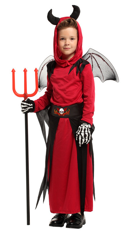 Red Horn Robe Carnival Party Disguise Outfit Halloween Cosplay Costume Demon Devil Costume with Stick Wing