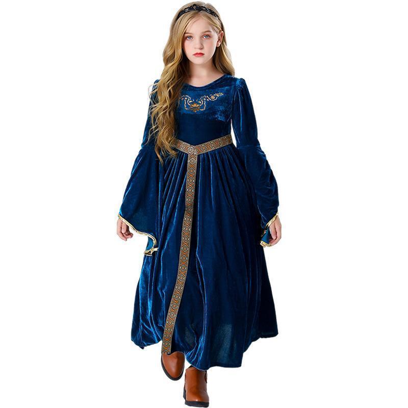 Carnival Costume Halloween Witch Cosplay Costume Girl's Royal Blue Medieval Renaissance Gothic Velvet Princess Dress