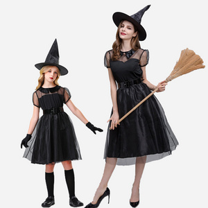 Masquerade Party Girls Witch Black Dress With Hat Belt Gloves Adult Women Halloween Vampire Costume