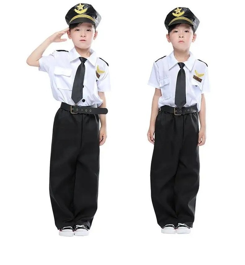 Promotional Airline Captain Uniform Career Day Costume Set for Kids Boys White Pilot Dress Top Hat Pants for Halloween