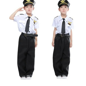 Promotional Airline Captain Uniform Career Day Costume Set for Kids Boys White Pilot Dress Top Hat Pants for Halloween