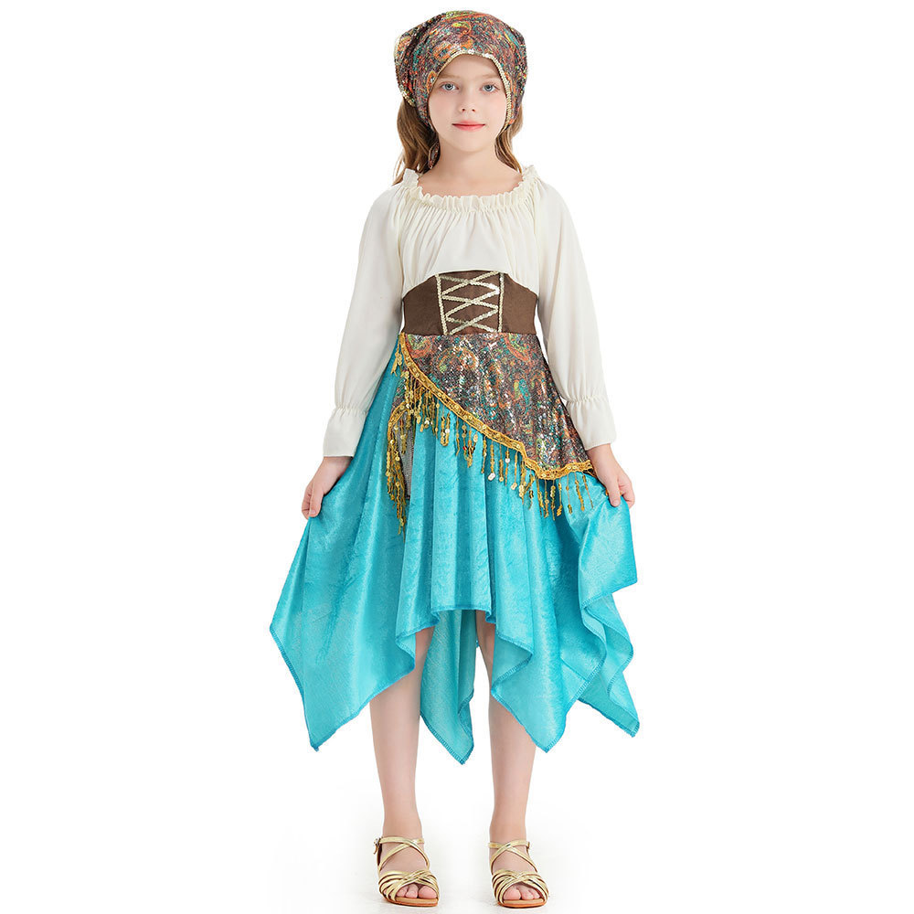 Custom Design Blue Flamenco Dance Dress Strappy And Accessories For Children Halloween Costume