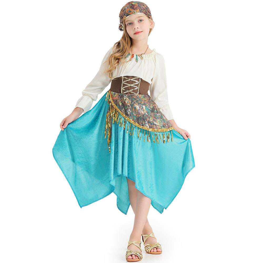 Custom Design Blue Flamenco Dance Dress Strappy And Accessories For Children Halloween Costume