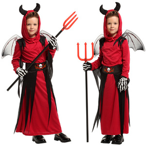 Red Horn Robe Carnival Party Disguise Outfit Halloween Cosplay Costume Demon Devil Costume with Stick Wing