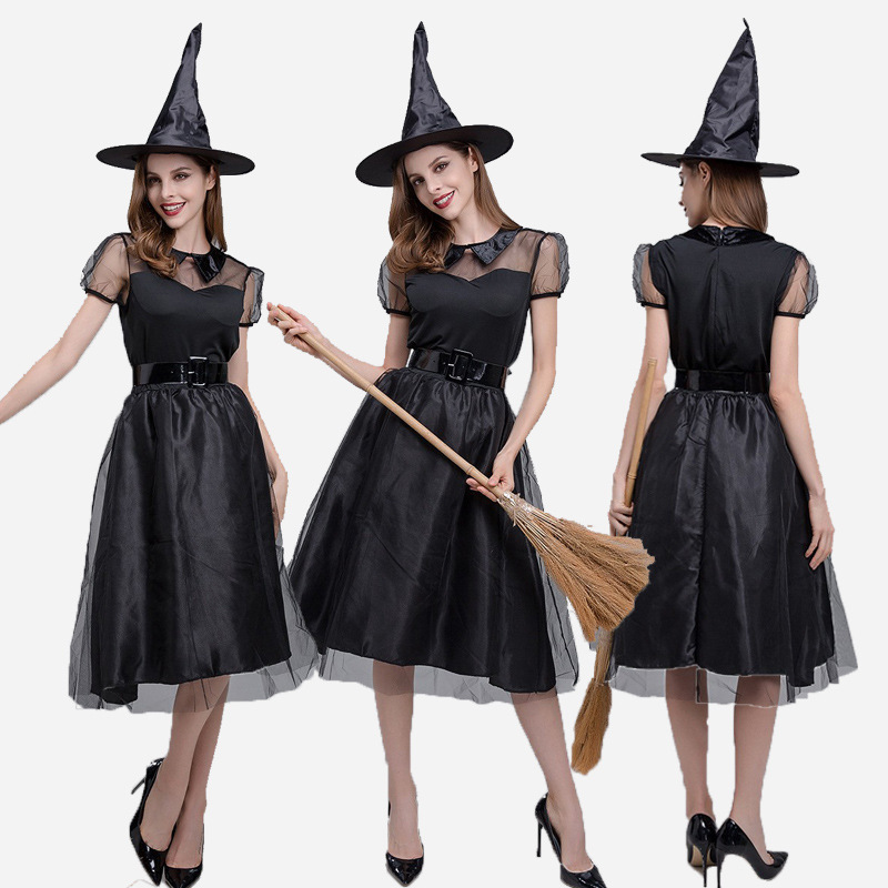 Masquerade Party Girls Witch Black Dress With Hat Belt Gloves Adult Women Halloween Vampire Costume