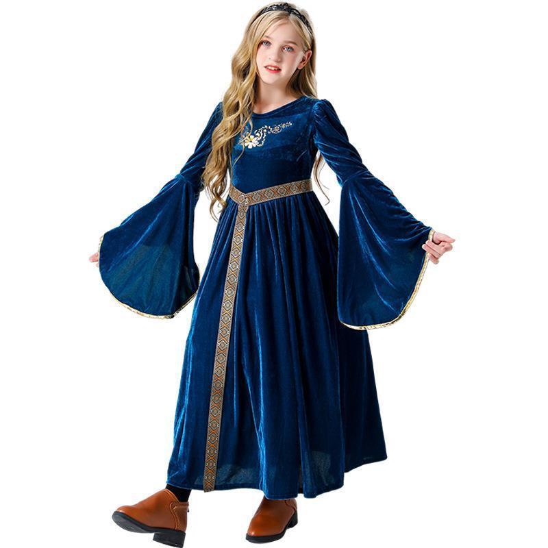 Carnival Costume Halloween Witch Cosplay Costume Girl's Royal Blue Medieval Renaissance Gothic Velvet Princess Dress