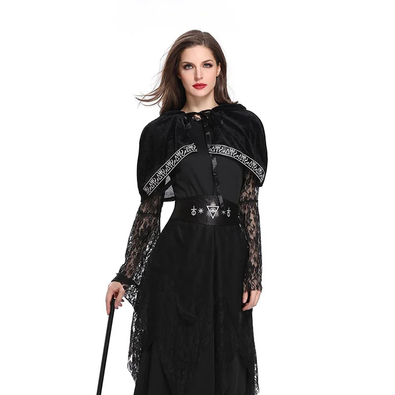 Halloween Party Demon Vampire Witch Costume Deep V Black Dress For Woman Reaper Ghost Bride Cosplay Dress