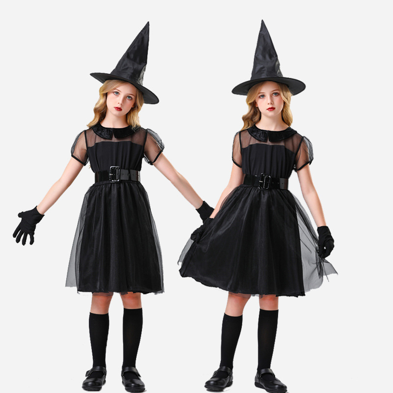 Masquerade Party Girls Witch Black Dress With Hat Belt Gloves Adult Women Halloween Vampire Costume