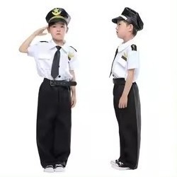 Promotional Airline Captain Uniform Career Day Costume Set for Kids Boys White Pilot Dress Top Hat Pants for Halloween