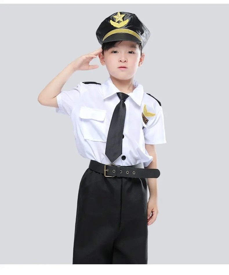 Promotional Airline Captain Uniform Career Day Costume Set for Kids Boys White Pilot Dress Top Hat Pants for Halloween