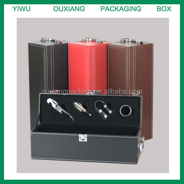 stock hot sale leather single bottle wine bottle box with wine accessories