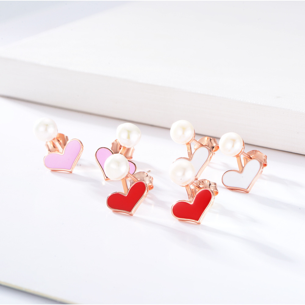 South Korea Dongdaemun earrings S925 sterling silver multicolor heart drop glue female lovely sweet love pearl