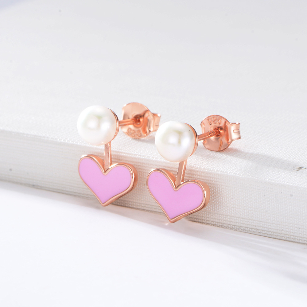 South Korea Dongdaemun earrings S925 sterling silver multicolor heart drop glue female lovely sweet love pearl