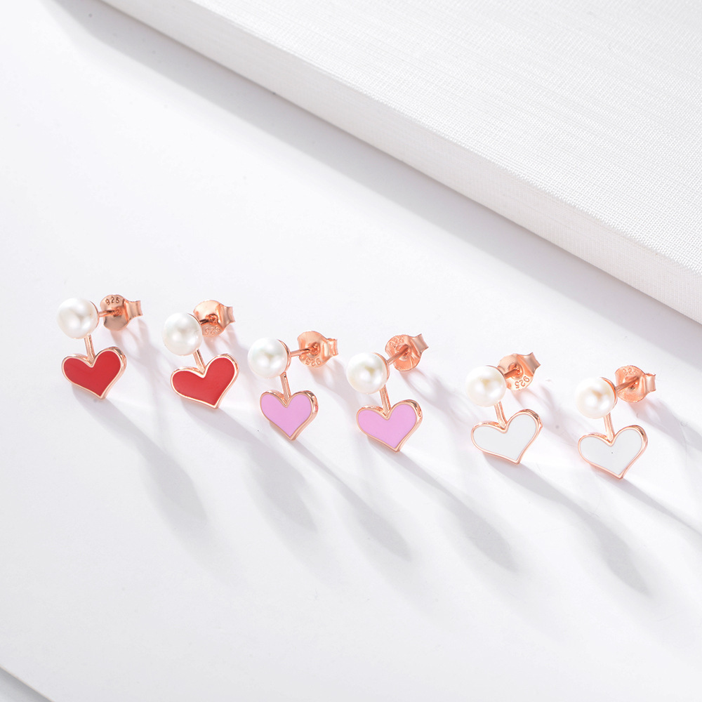 South Korea Dongdaemun earrings S925 sterling silver multicolor heart drop glue female lovely sweet love pearl