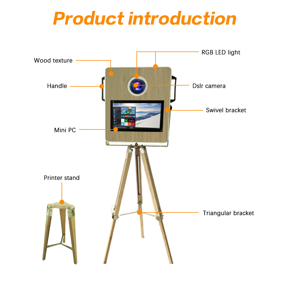 OUX New Adjustable Instant Selfie Station Photo Booth Wooden Style photobooth Shell Kisok photo booth With Printer and Camera