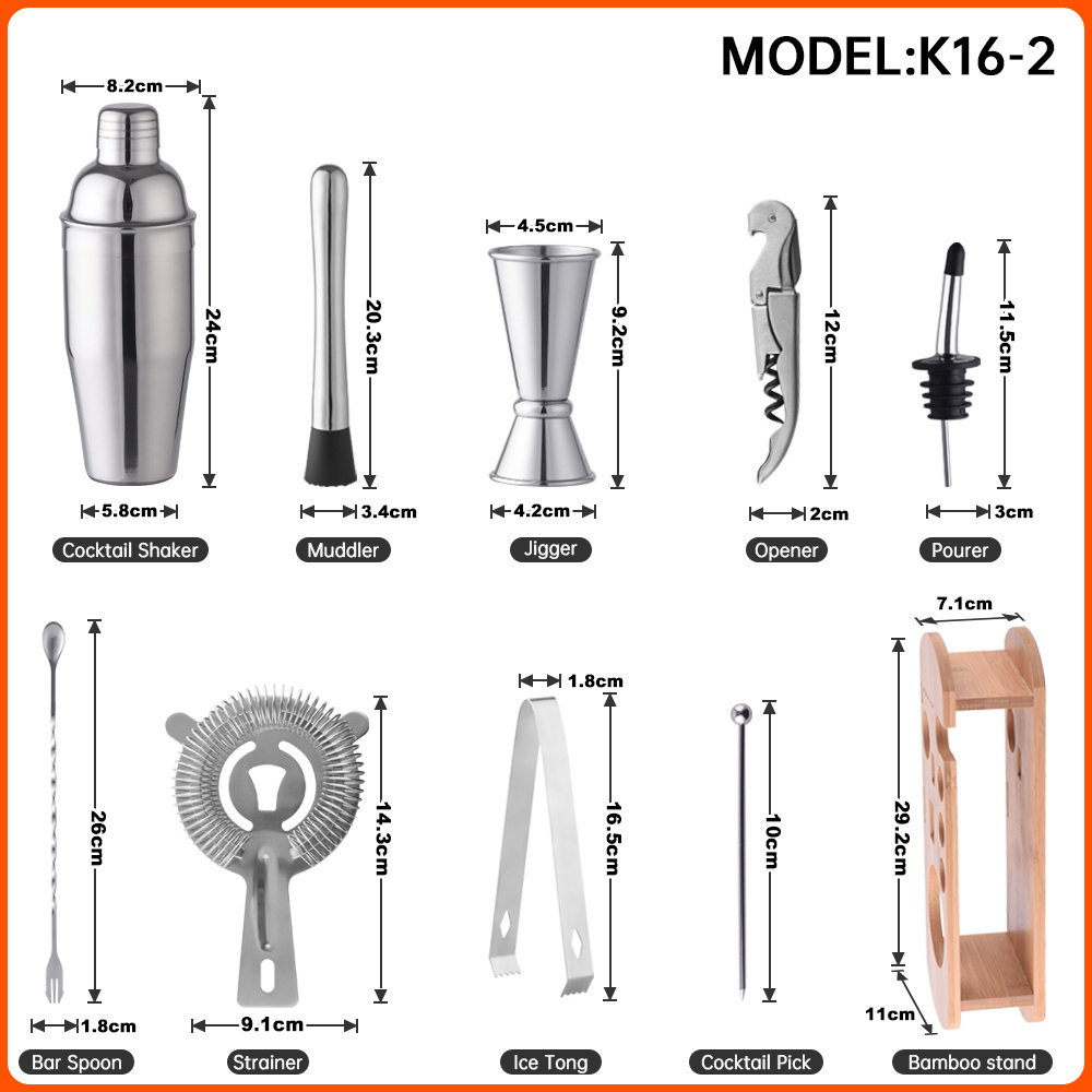 OUYADA Factory Bamboo Wood Holder Frame Bar Tool Bartender Kit 700ml Stainless Steel Cocktail Shaker Barware set with Stand