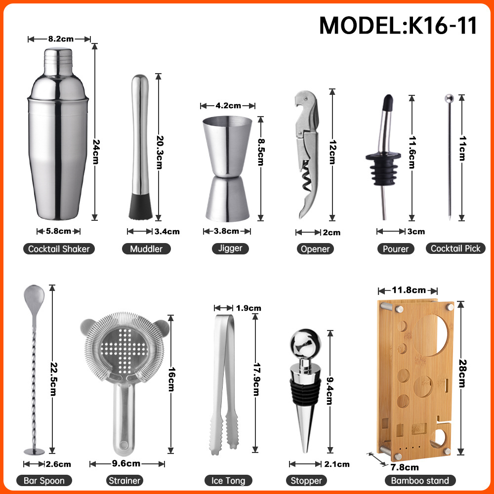 OUYADA Factory Direct Custom Logo Capacity 550ml 750ml Cocktail Make Kit Bartender Bar Tools Set Stainless Steel Cocktail Shaker