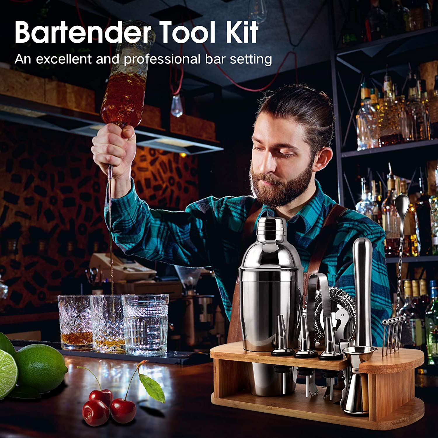 OUYADA Factory Bamboo Wood Holder Frame Bar Tool Bartender Kit 700ml Stainless Steel Cocktail Shaker Barware set with Stand