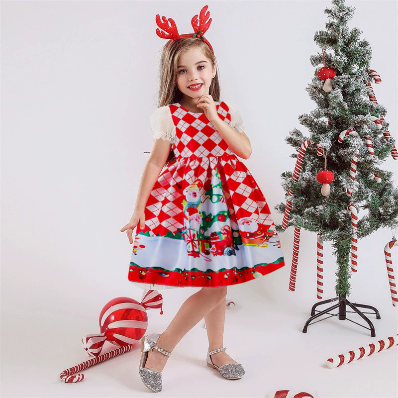 Kids Christmas Red Dresses for Girls Santa Claus Snowman Xmas Princess Costume 2024 New Year Party Evening Ball Gown for 4-10 Y