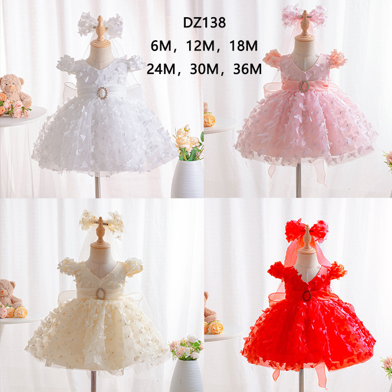 Baby Girls Baptism Dress Children's Cotton Mesh Princess Dress Kid Flying Sleeve Christening Vestidos Butterfly Tutu Clothes