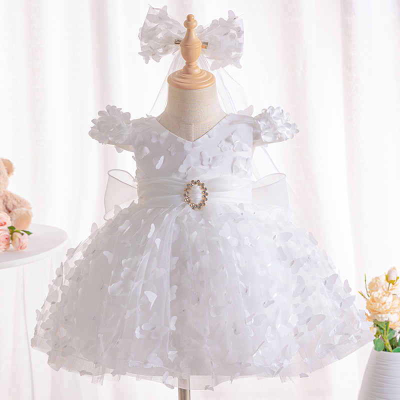 Baby Girls Baptism Dress Children's Cotton Mesh Princess Dress Kid Flying Sleeve Christening Vestidos Butterfly Tutu Clothes