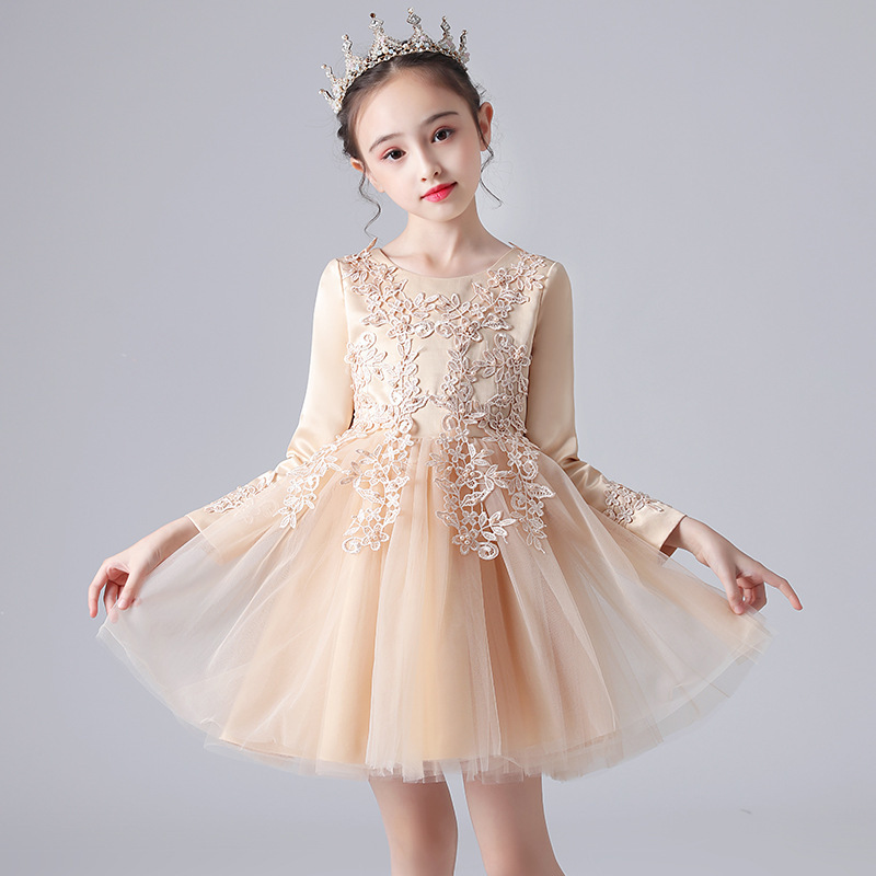 New Girls' Autumn and Winter Velvet Bow Christmas Princess Dress Solid Soft Fashion Party Hollow Long Sleeve A-Line Dress