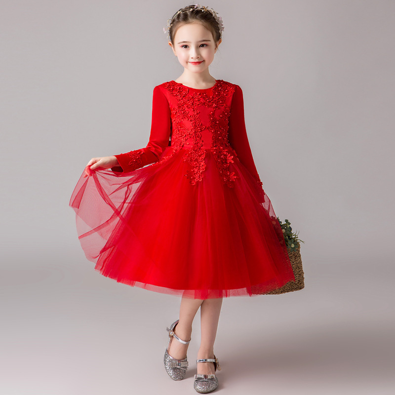 New Girls' Autumn and Winter Velvet Bow Christmas Princess Dress Solid Soft Fashion Party Hollow Long Sleeve A-Line Dress