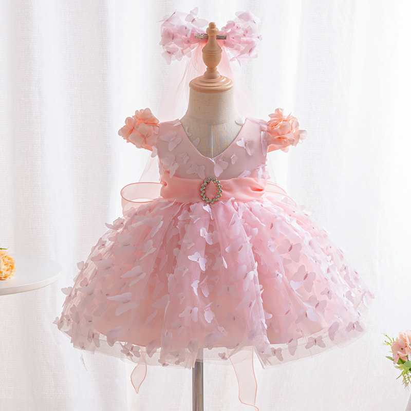 Baby Girls Baptism Dress Children's Cotton Mesh Princess Dress Kid Flying Sleeve Christening Vestidos Butterfly Tutu Clothes