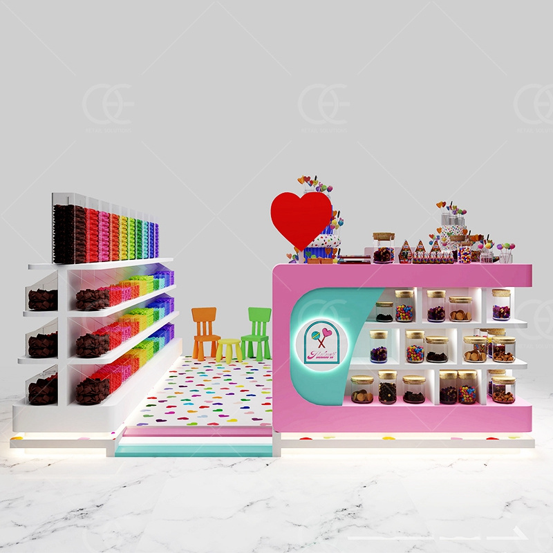 Custom Kiosk Retail Shop Candy Stand Modern Luxury Lollipop Store Fixtures Wholesale Glass Sweets Display Cabinet