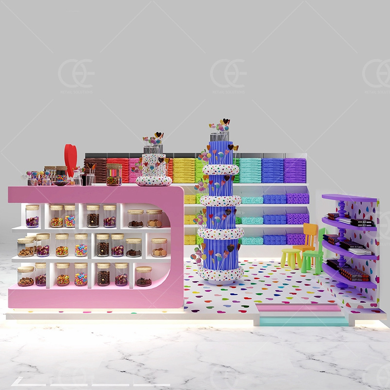 Custom Kiosk Retail Shop Candy Stand Modern Luxury Lollipop Store Fixtures Wholesale Glass Sweets Display Cabinet