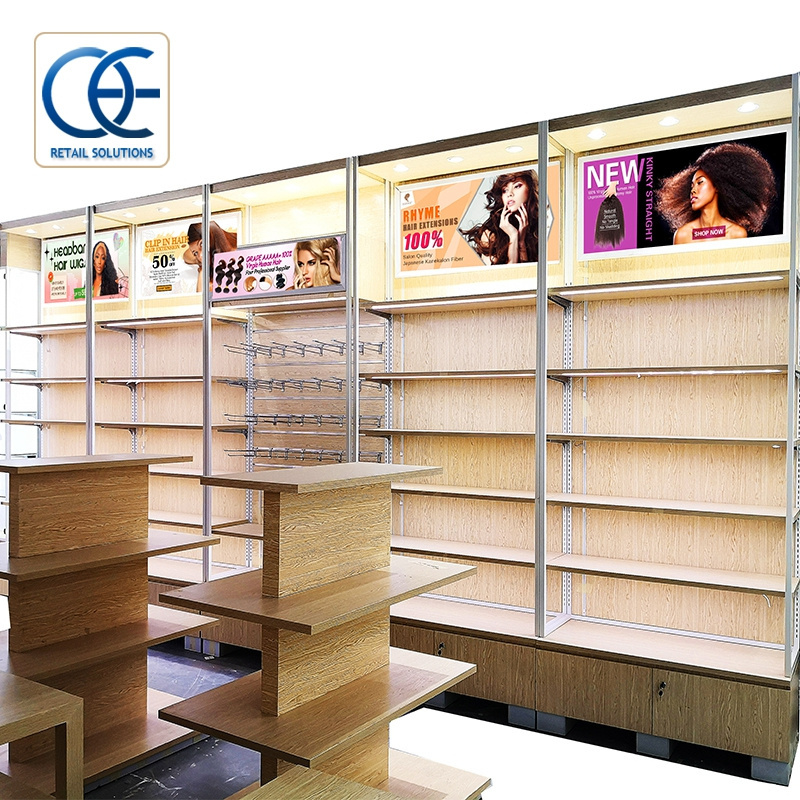 Wooden Human Hair Extension Display Cabinet with LED Light and Hook Retail Wig Display Shelf for Hair Salon