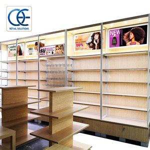 Wooden Human Hair Extension Display Cabinet with LED Light and Hook Retail Wig Display Shelf for Hair Salon