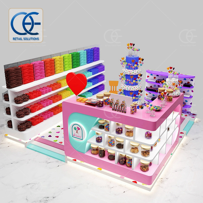 Custom Kiosk Retail Shop Candy Stand Modern Luxury Lollipop Store Fixtures Wholesale Glass Sweets Display Cabinet