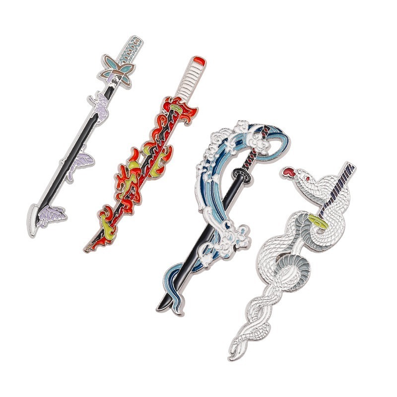 Wholesale Anime Kimetsu No Yaiba Broach Demon Slayer Keychain Pin Set Cartoon Figures Mini Katana Sword Key Chains Enamel Pin