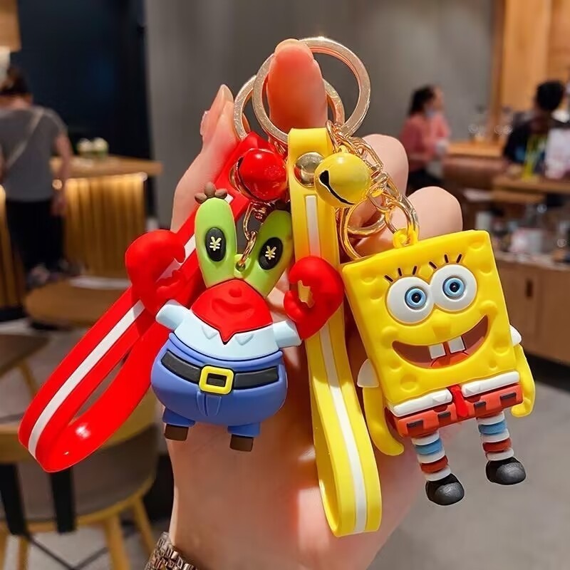 Cute Cartoon Keychain 3D Patrick Keychains PVC Silicone Keyring with Wrist Strap Key Chain Sponge Doll Car Key Bag Accessories