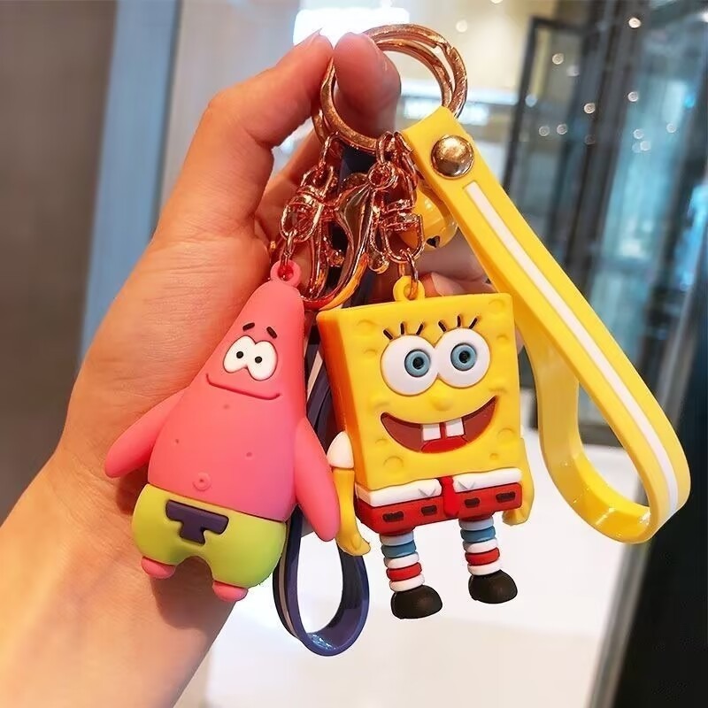 Cute Cartoon Keychain 3D Patrick Keychains PVC Silicone Keyring with Wrist Strap Key Chain Sponge Doll Car Key Bag Accessories