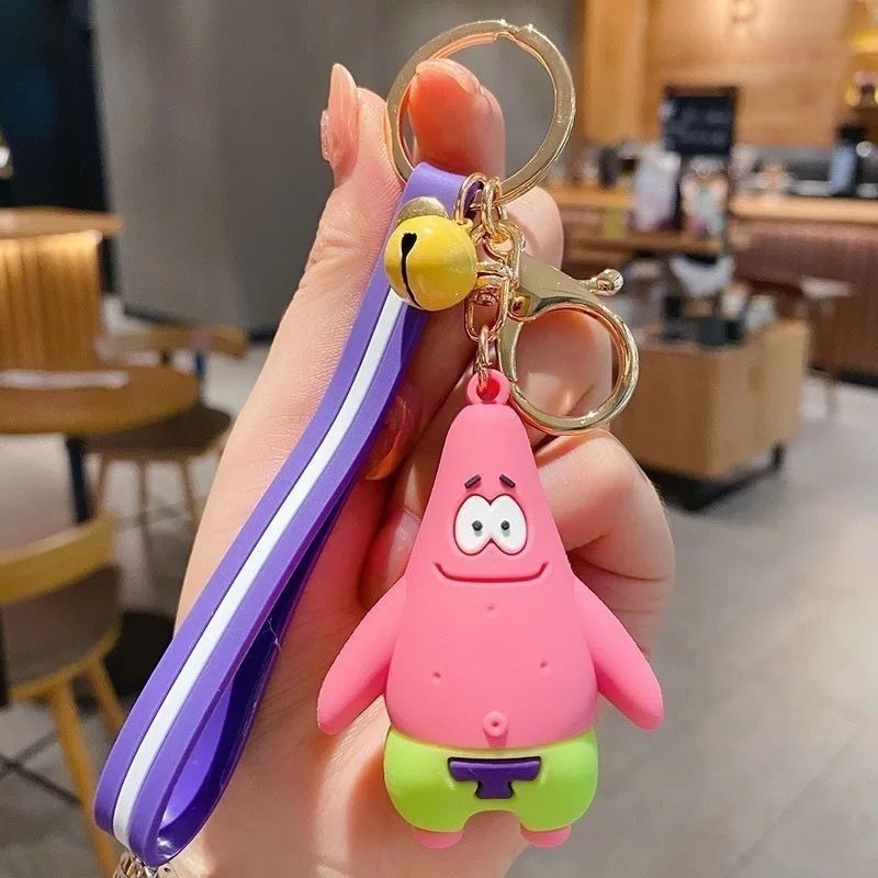 Cute Cartoon Keychain 3D Patrick Keychains PVC Silicone Keyring with Wrist Strap Key Chain Sponge Doll Car Key Bag Accessories