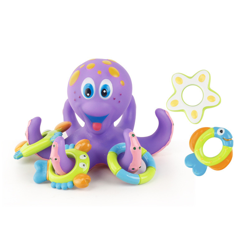 Wholesale Hot Sell Rubber Octopus Bathing Shower Toys Floating Purple Octopus With 5 Hoopla Rings Interactive Bath Toy