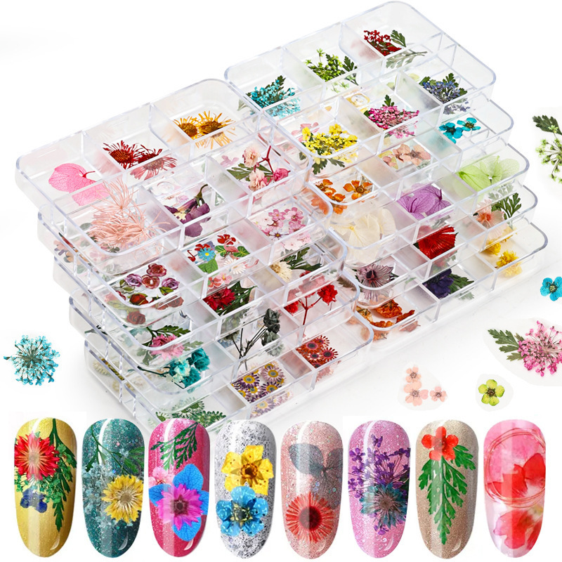 6 Mix Dried Flowers Nail Decorations Dry Flower Natural Floral Leaf Stickers 3D Nail Art Designs