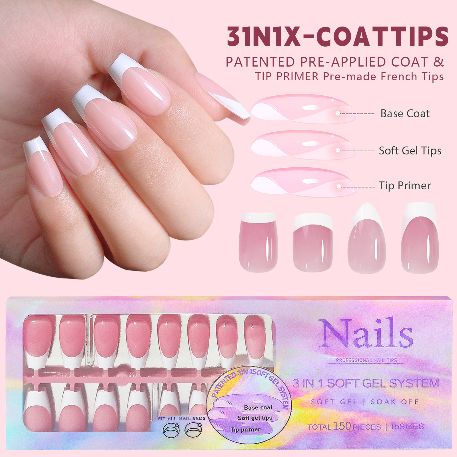 stock Nail art Artificial 150 Pcs 3 in 1 soft gel tips Nail Art Products French Press on Nail Tips