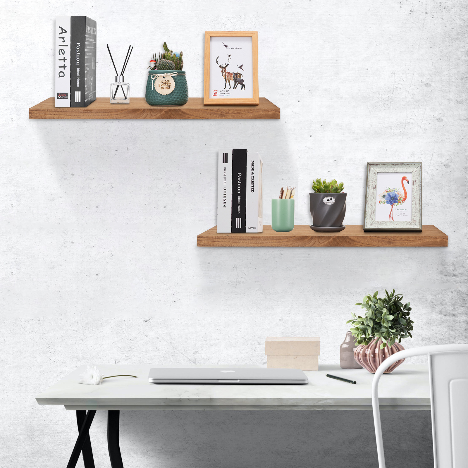 Floating Wall Shelf MDF Shape Rustic Brown Display Storage Wall Mounted Bookshelf Wooden Shelf