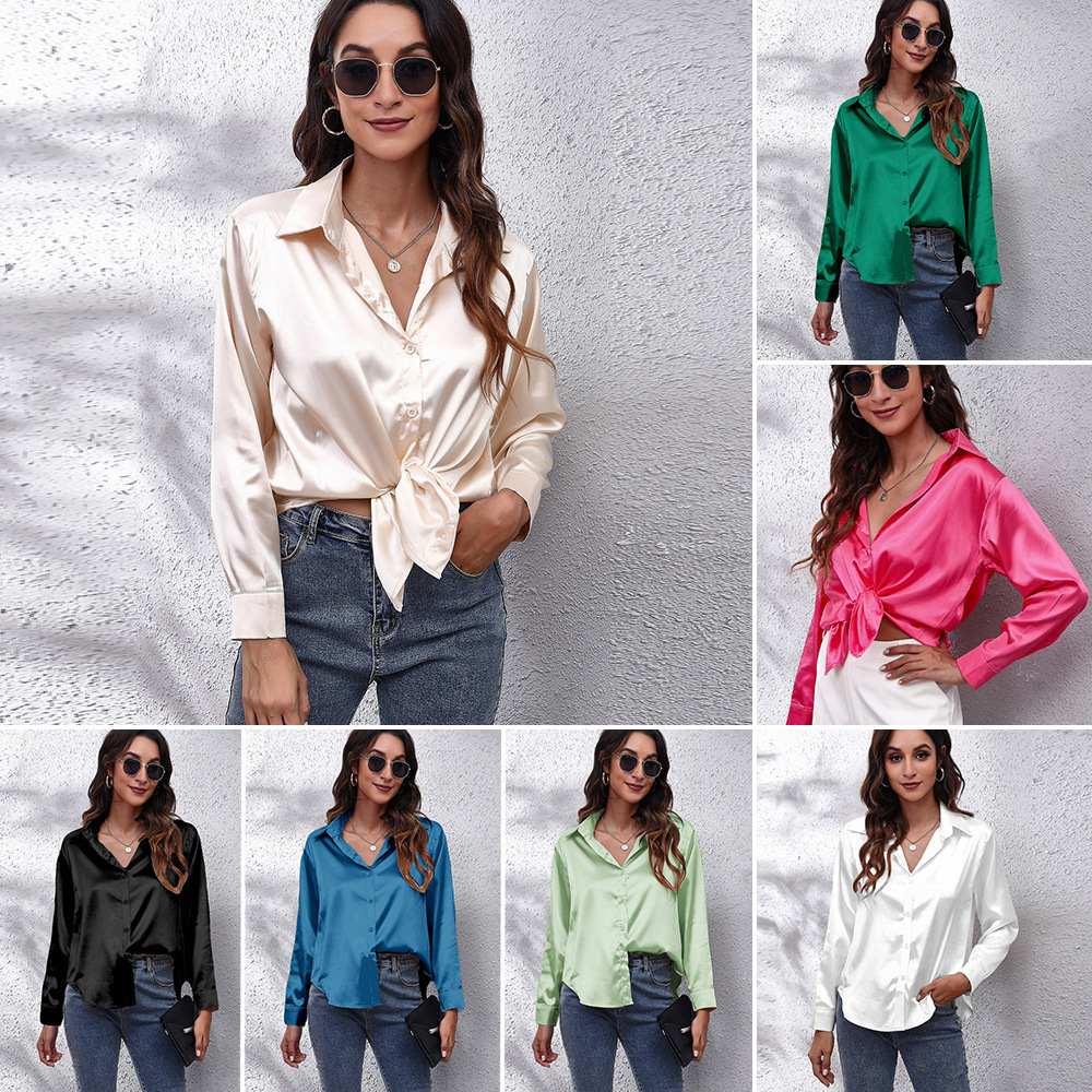 Wholesale multicolor casual shirt women's blouses & shirts fashion plain plus size top satin silk shirts