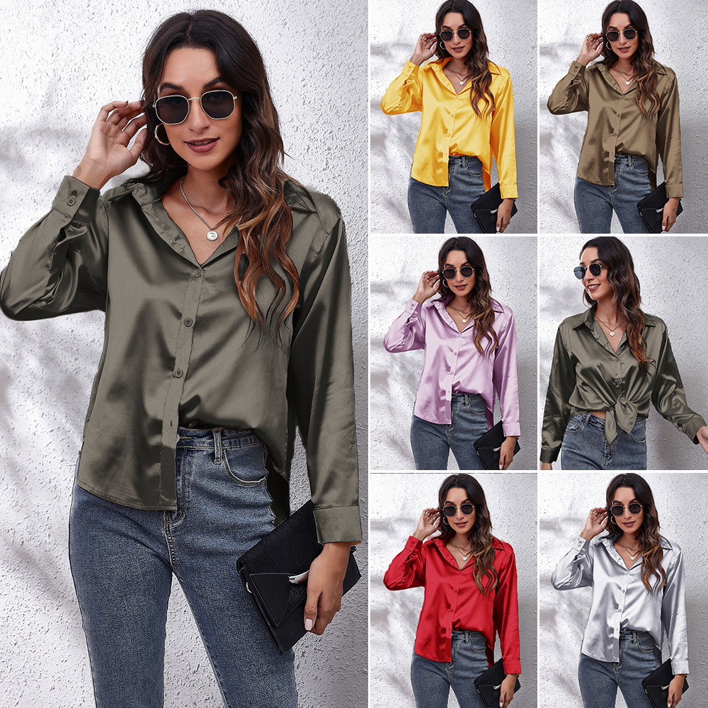 Wholesale multicolor casual shirt women's blouses & shirts fashion plain plus size top satin silk shirts