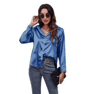 Wholesale multicolor casual shirt women's blouses & shirts fashion plain plus size top satin silk shirts