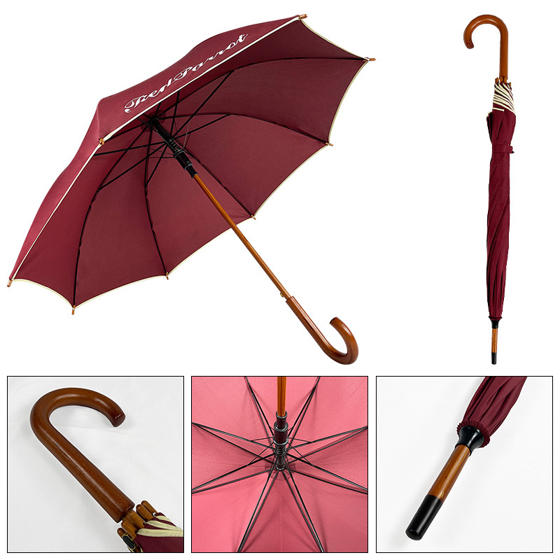 best Umbrella supplier Wholesale J Wooden Handle Straight Sticks Wood Umbrella for the rain Custom guarda chuva with logo