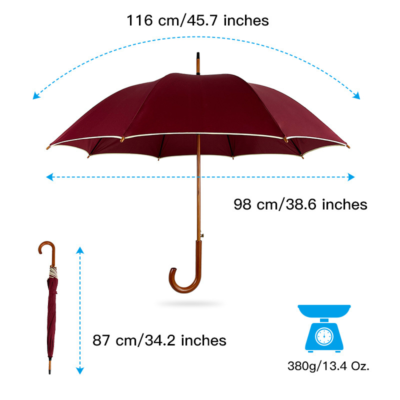 best Umbrella supplier Wholesale J Wooden Handle Straight Sticks Wood Umbrella for the rain Custom guarda chuva with logo