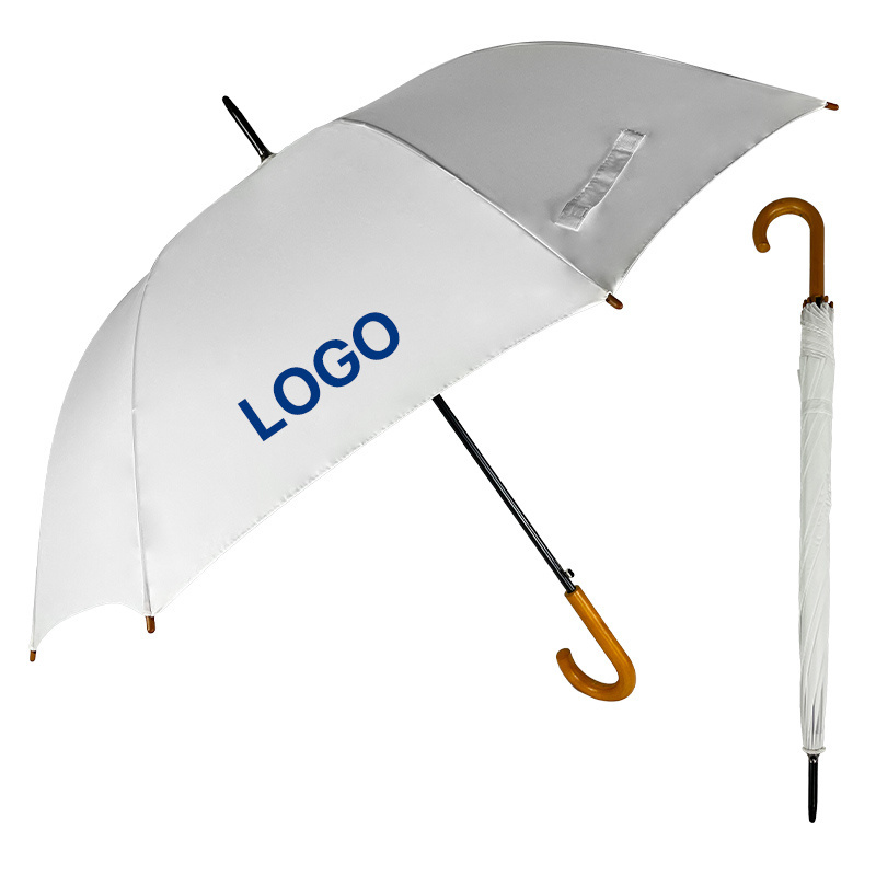 sombrillas Top Umbrella Factory Wholesale J Wood Handle Straight White Color Umbrella With Logo Prints Custom Made paraguas