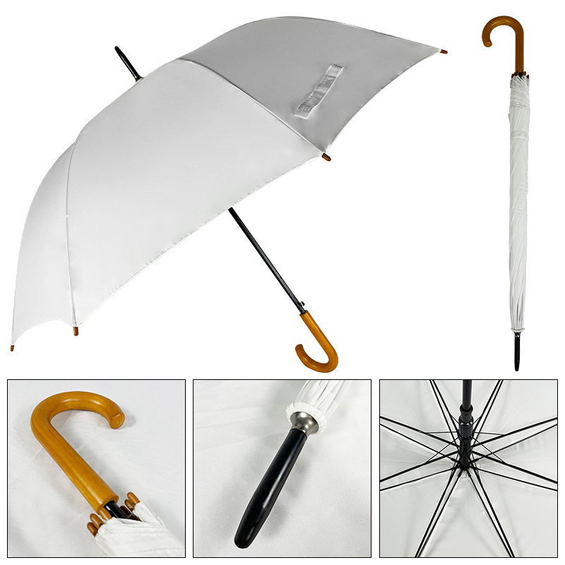 sombrillas Top Umbrella Factory Wholesale J Wood Handle Straight White Color Umbrella With Logo Prints Custom Made paraguas